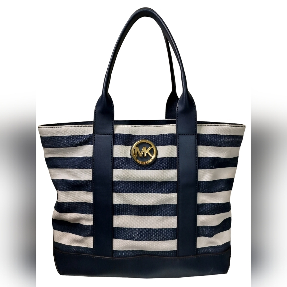 Michael Kors Fulton Canvas Striped Medium Tote Bag in classic navy blue & white